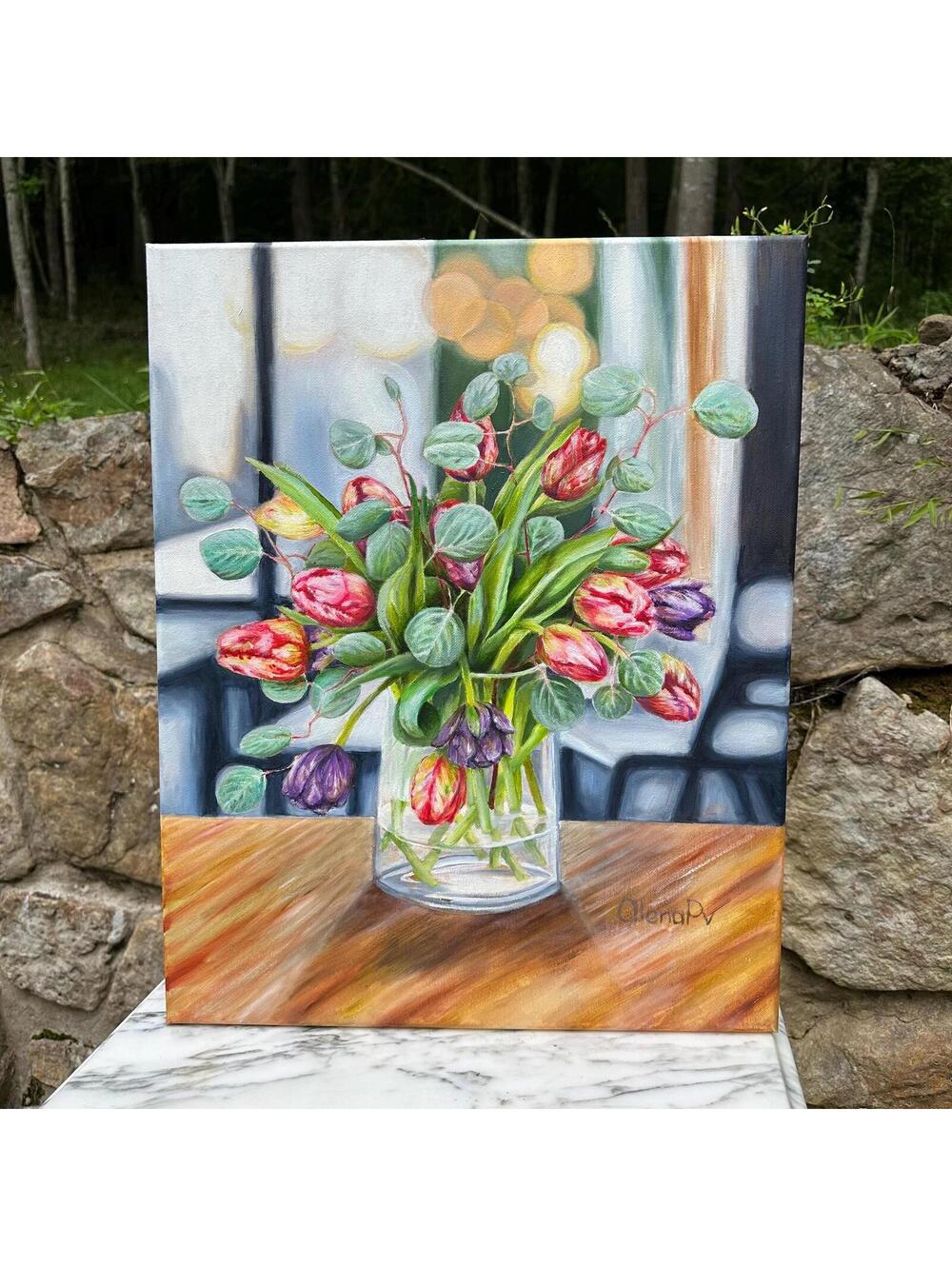 Original 16x20 Oil Painting, Vibrant Flowers in Vase, Living Room Office